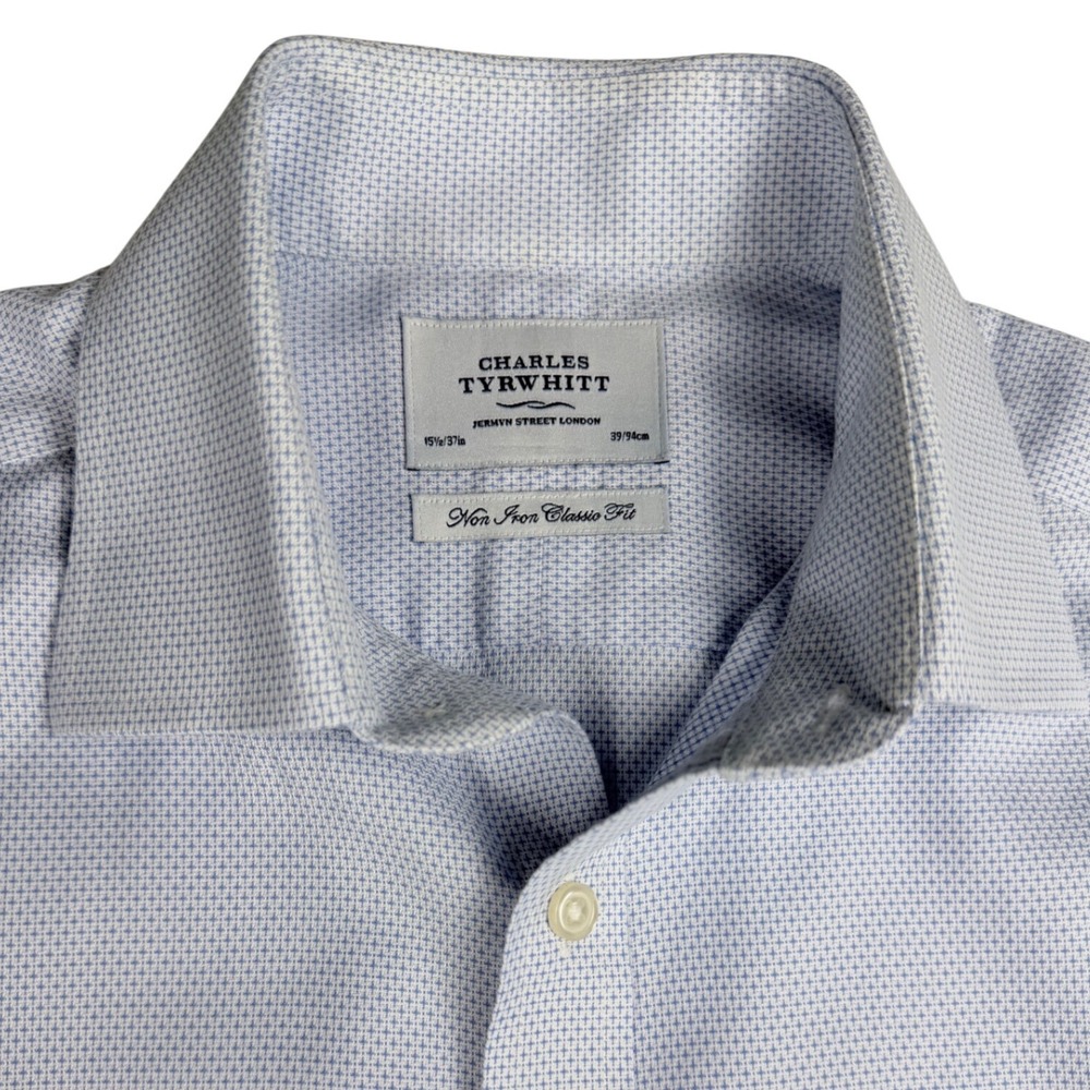 Charles Tyrwhitt Dress Shirt Mens 15.5 37 Blue Micro Pattern French Cuff Classic